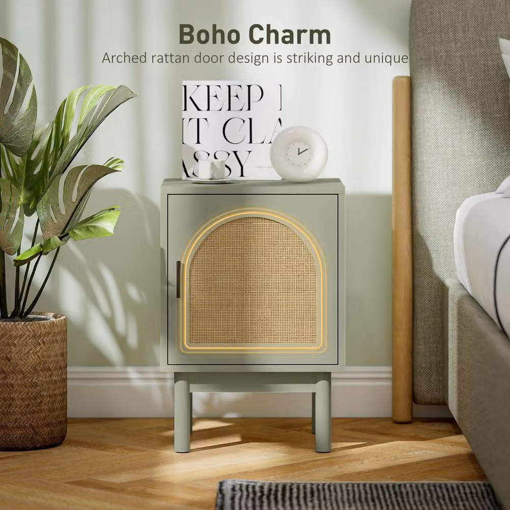 HOMCOM Set of 2 Boho Rattan Bedside Tables with Storage Cabinet and Solid Wood Legs, Light Green – 3