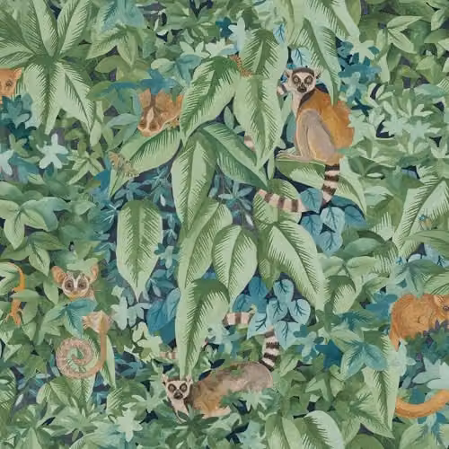 Holden Decor Odyssey Lemur Tropical Monkey Themed Wallpaper in Aqua and Green