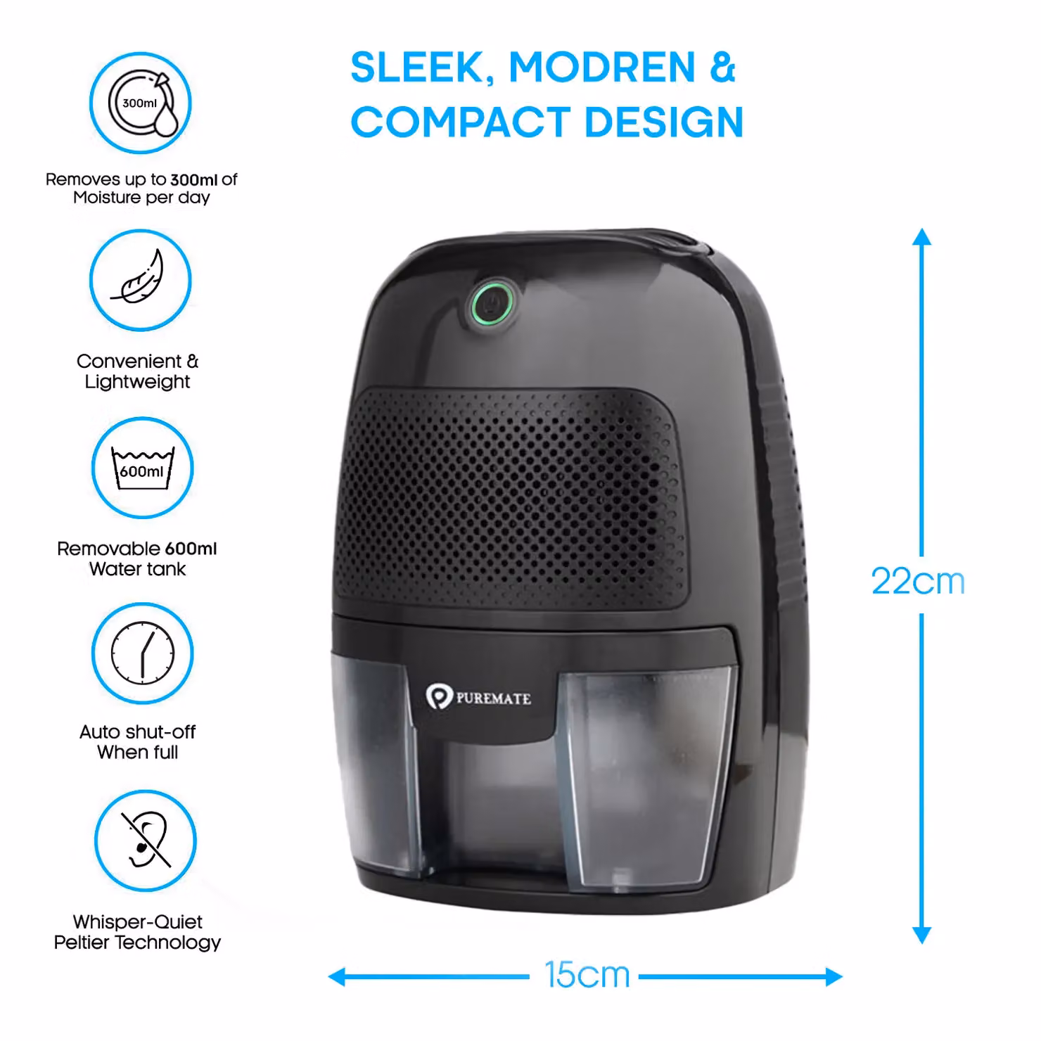 PureMate Compact and Portable Mini Dehumidifier, 600ml, Black – 2