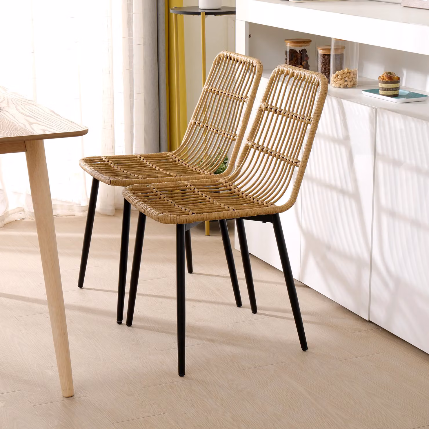 Nordlys Set of 4 Modern Dining Room Chairs with Brown Polyrattan and Black Metal Legs – 6