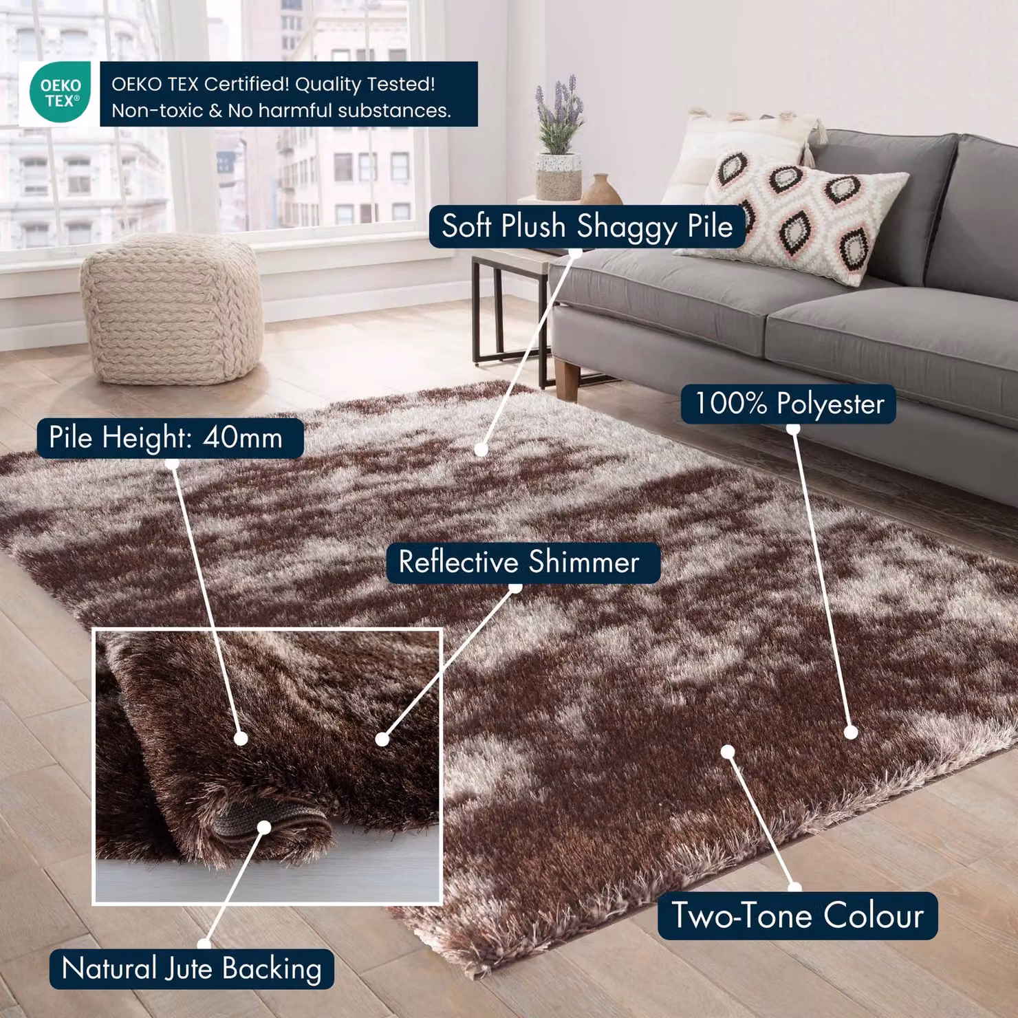 Desire Rugs Modern Soft Waves Shimmer Shaggy Area Rug in Bronze, W: 160 cm, L: 230 cm – 4
