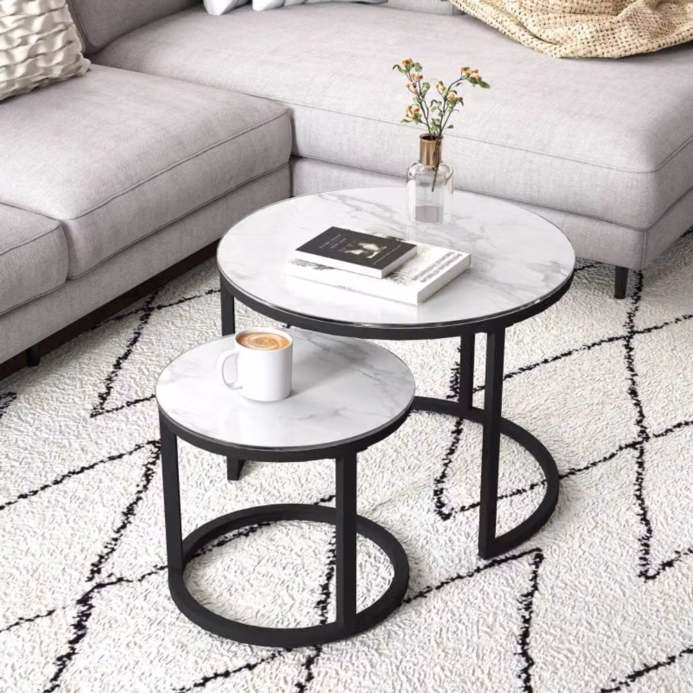 STILVORA 2 Piece Modern Round Nesting Coffee Table Set with Glass Tops and White Metal Sled Base – 3