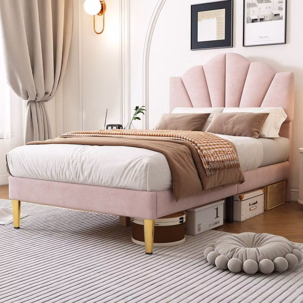 ModernLuxe Pink Velvet Upholstered Single Kids Bed with Adjustable Headboard – 2