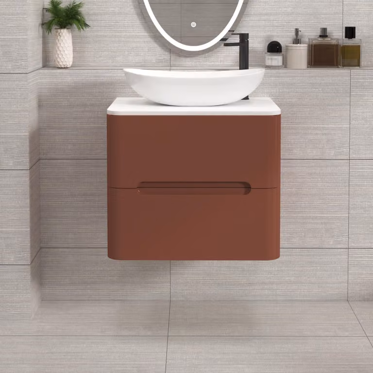 Royal Bathrooms Venice 600mm Wall Hung Vanity Unit in Terracotta Clay with 2 Drawers and Plain White Worktop and Cesar Basin