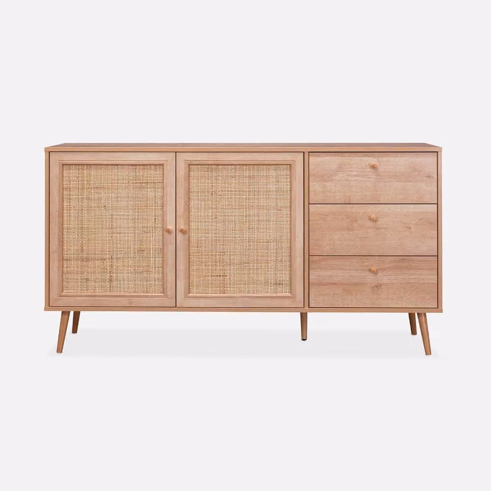 sweeek Scandi-style Wooden and Cane Effect Sideboard in Light Brown – 2