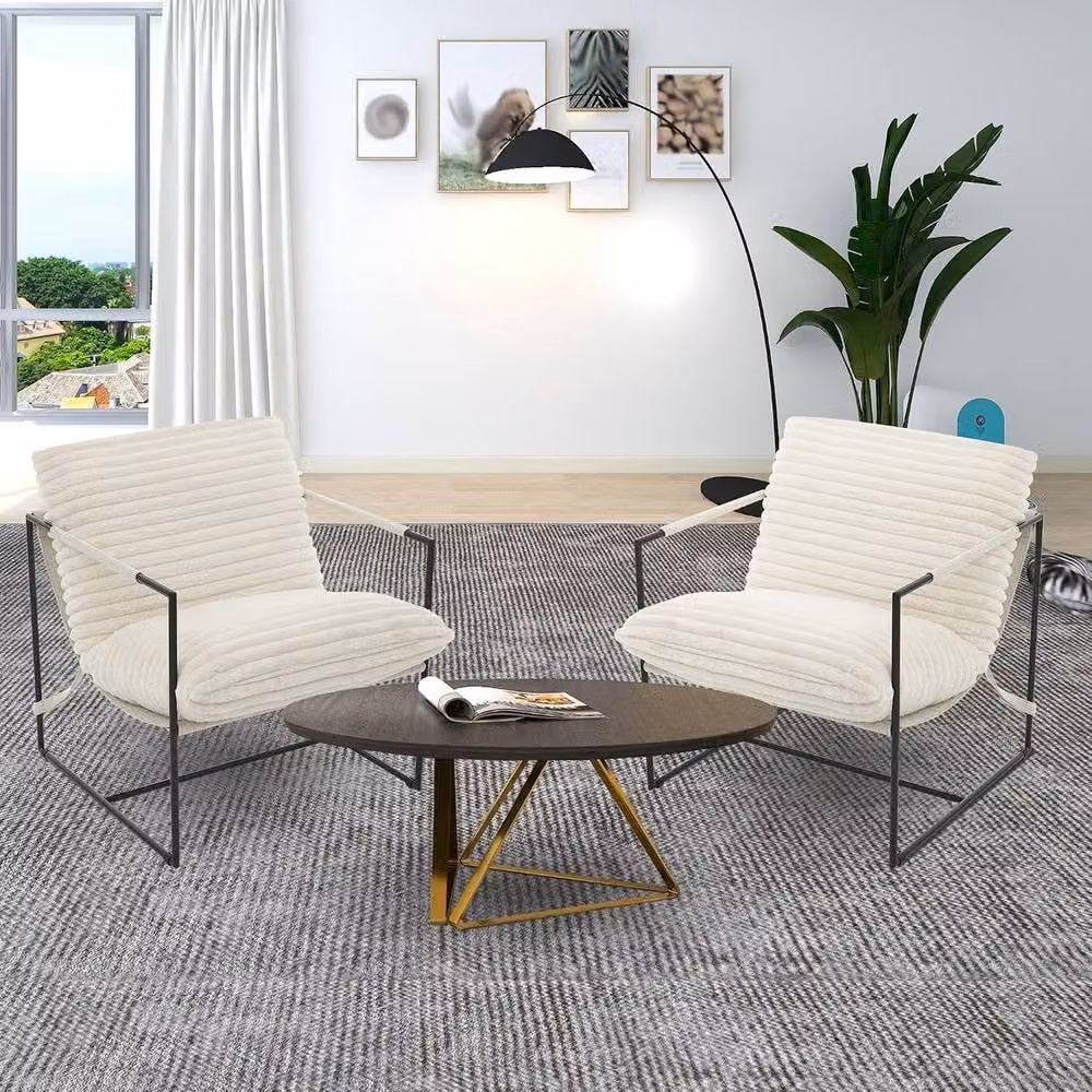 London Boutique Modern Off-White Bouclé Fabric Accent Chair with Metal Frame – 2