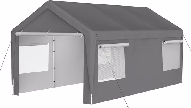 BIRCHTREE CP01 Gable Carport with Roller Door, Dark Grey, W: 609.6 cm