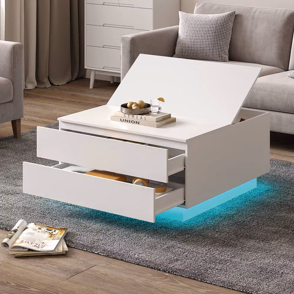 KEEPREAPER Modern Square LED Coffee Table with Flip-Top and 2 Drawers in White – 2