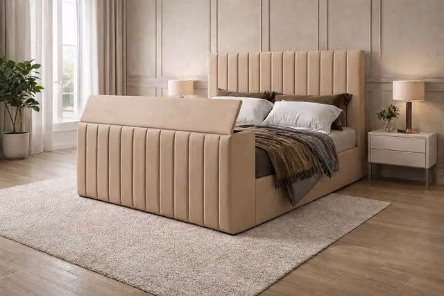 Soft Snooze Beds Premium Plush Velvet Double TV Bed Frame with Remote TV Lift in Beige