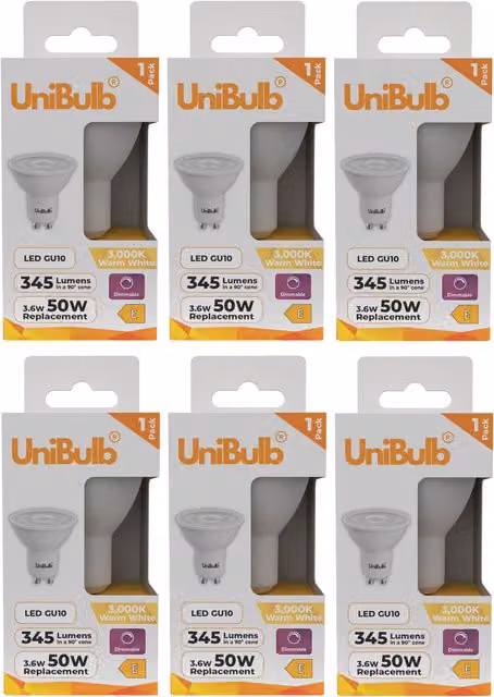 UniBulb LED GU10 Warm White 3000K Dimmable Spotlight Downlight Bulb, 3.6W (Replaces 50W)