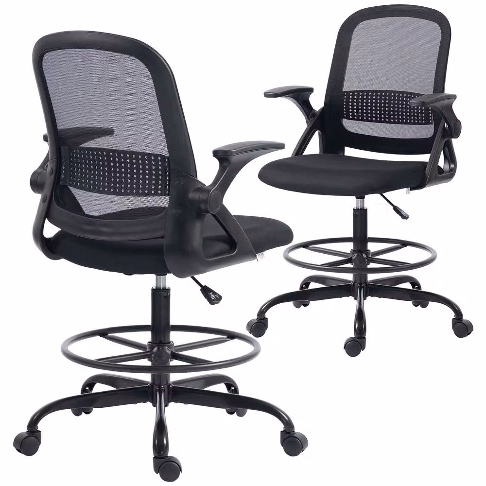 HOMCOM Black Mesh Drafting Chair with Flip-up Armrests and Castors – 2
