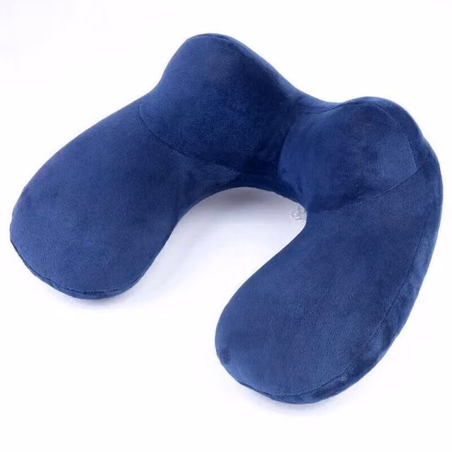 Spetlek Navy Blue Inflatable U-Shaped Neck Pillow for Adults with Soft Velvet Breathable Fabric