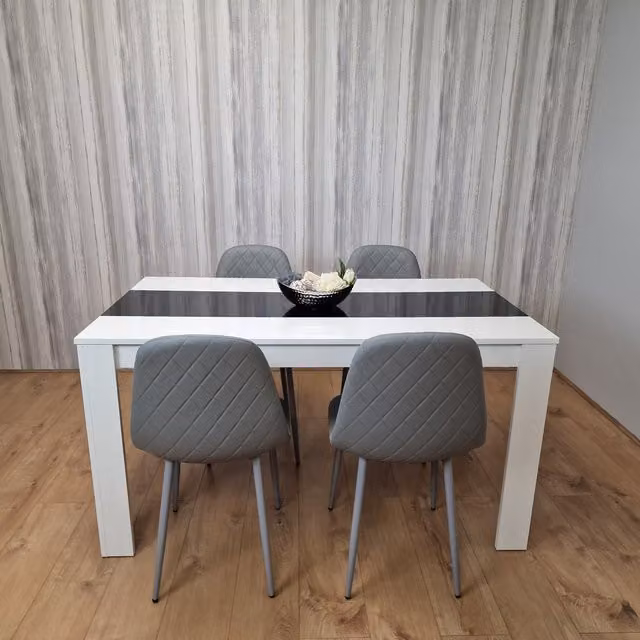 Kosy Koala Modern Rectangular Dining Set with White and Black Glossy MDF Table and 4 Grey Faux Leather Stitched Chairs