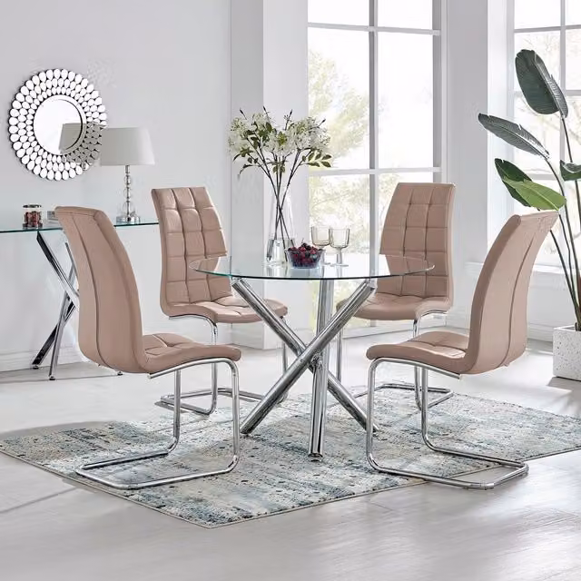 FurnitureboxUK Selina Round Glass Dining Table and Four Murano Chairs in Yellow