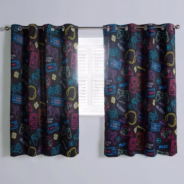 OHS Blackout Woven Eyelet Curtains for Kids, Black, Width: 168 cm, Drop: 183 cm – 1