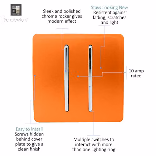 Trendi 2 Gang 3 Way Intermediate 10 Amp Rocker Light Switch in Sunset Orange and Black with Chrome Accents – 2