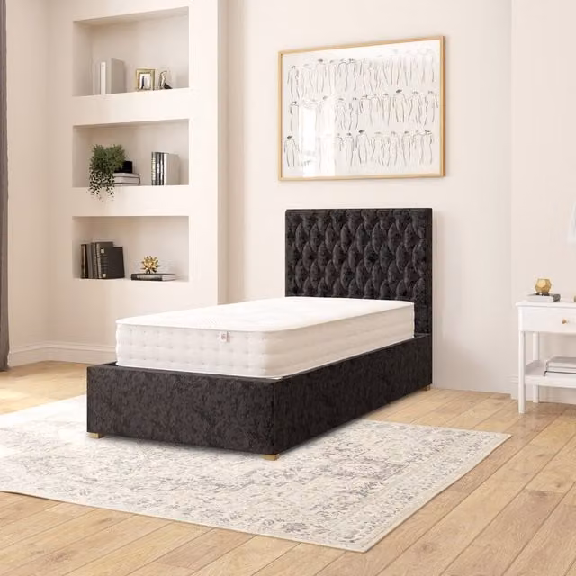 Aspire Monroe Single Ottoman Storage Bed in Black Mirazzi Velvet Fabric, W/D/H: 90 x 190 cm