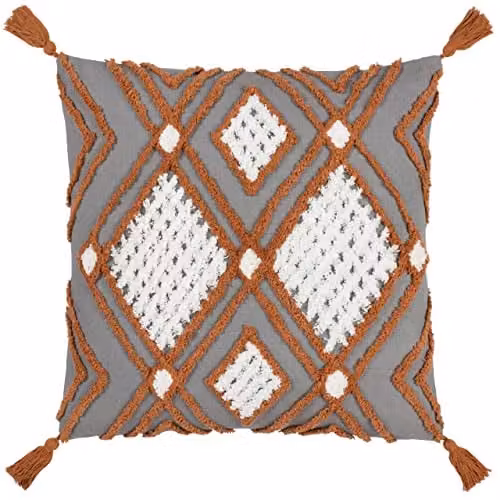 Riva Home Aquene Diamond Tufted Geometric Cotton Tassel Cushion, W/D/H: 50 x 50 x 50 cm