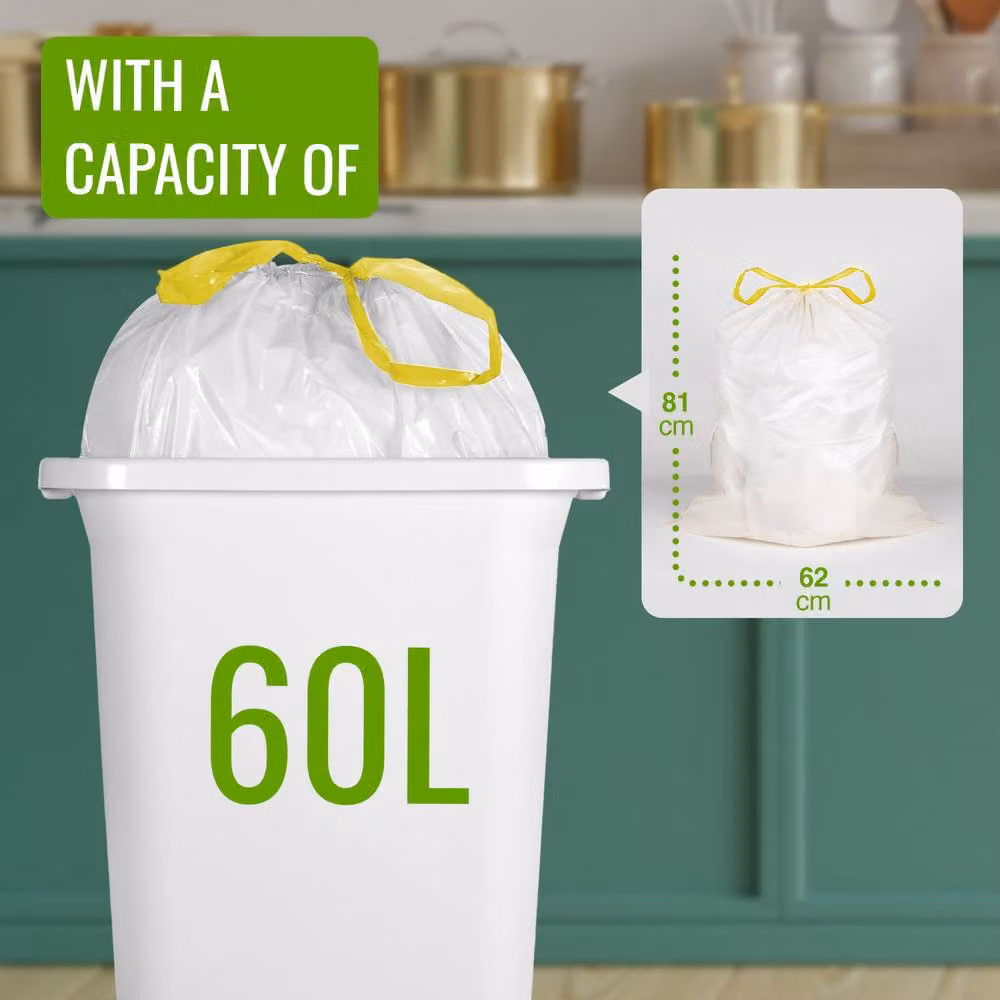 EcoBag Lemon Scented Drawstring Bin Liners, 60L, White, Pack of 10 – 2