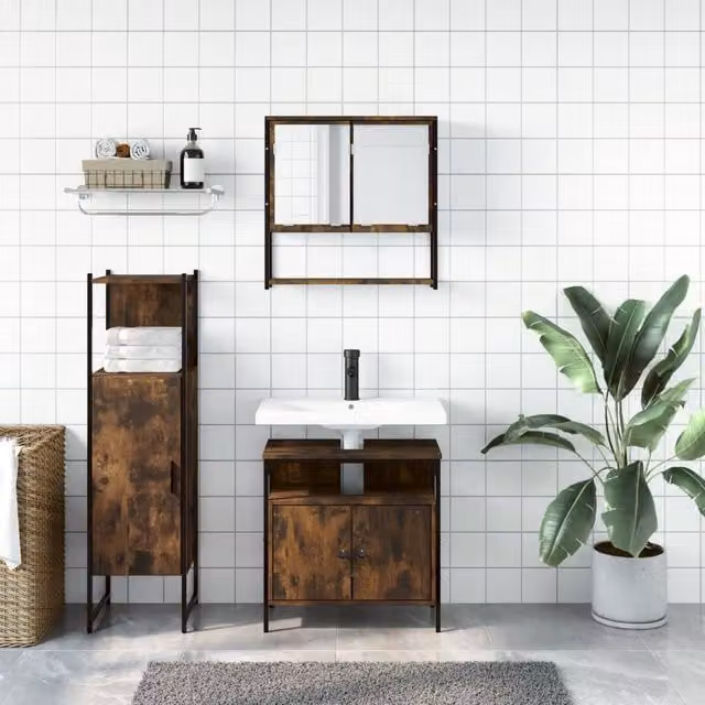 Berkfield Home 3 Piece Industrial Bathroom Furniture Set in Brown Smoked Oak with Mirror Cabinet, Vanity Unit and Tall Cabinet