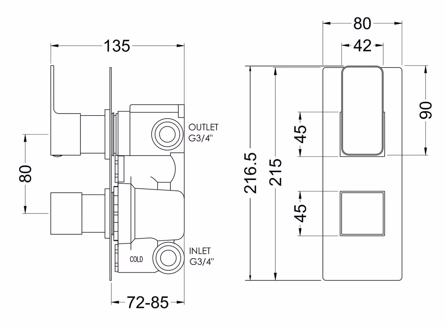 Balterley Concealed Twin Thermostatic Shower Valve Diverter in Matt Black, 215mm – 2