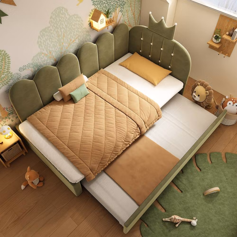 BES HOME Crown Upholstered Daybed with Pull-Out Trundle, Green Velvet, W/D/H: 90 x 190 cm – 2