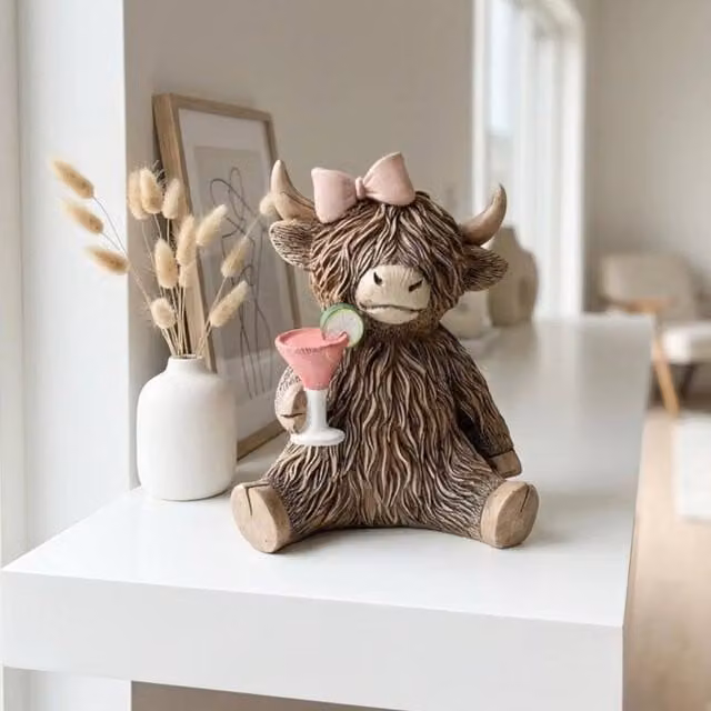 Garden Greatness Highland Cow Happy Hour Ceramic Tabletop Ornament, Brown and Multicolour