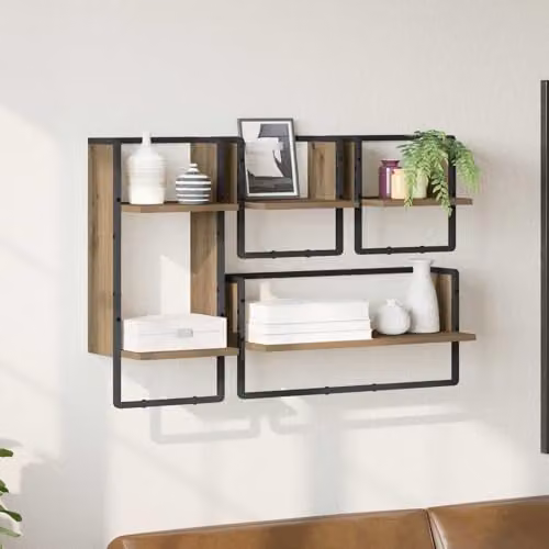 vidaXL Set of 4 Wall-Mounted Modern Shelves in Oak and Metal, Brown, W: 65 cm, D: 25 cm, H: 30 cm – 2