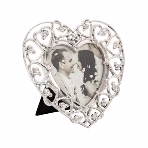 Happy Homewares Silver Heart Themed Metal Picture Frame with Diamante Crystals, W/H: 12.7 x 12.7 cm