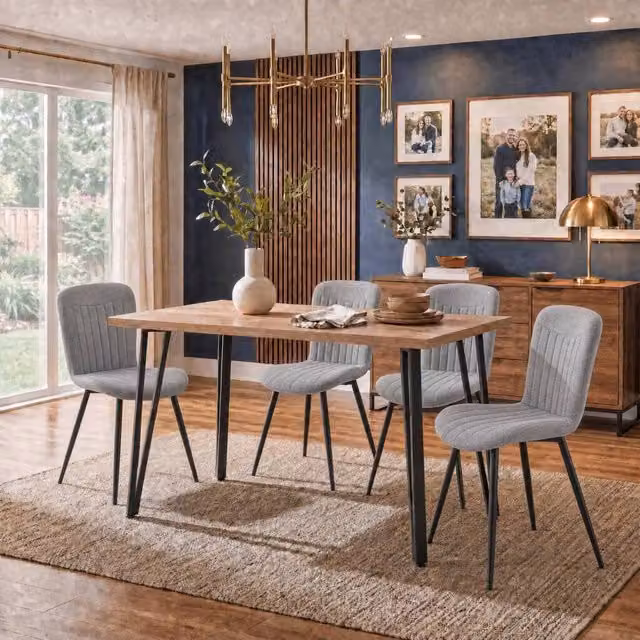 FWStyle Oak Dining Table Set with 4 Grey Clamshell Dining Chairs in Brown, W/D/H: 120 x 70 x 76.7 cm