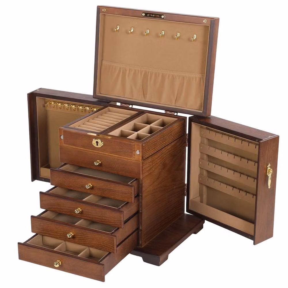 SPETLEK 6 Layer Large Jewelry Box in Brown with Wood and Glass Construction – 2
