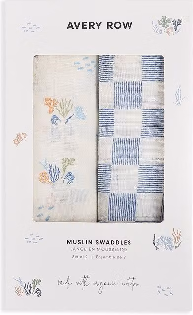 Avery Row Organic Cotton Baby Muslin Swaddles Set of 2 in Coastline / Waves