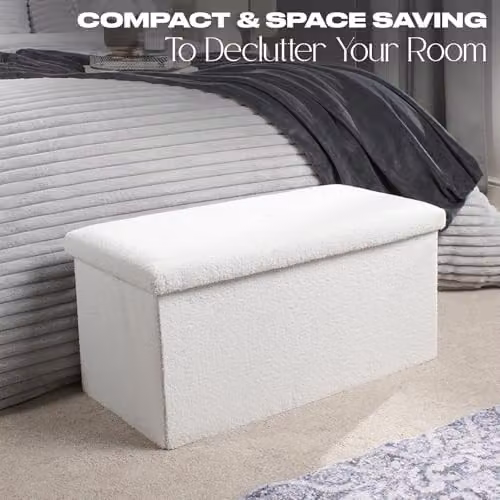 OHS Boucle Storage Ottoman and Footstool with Removable Lid in White and Beige, W/D/H: 40 x 40 x 40 cm – 3
