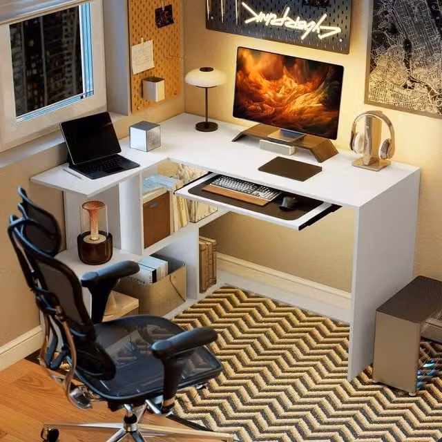 EONLION L-Shaped Corner Desk with Keyboard Tray in White