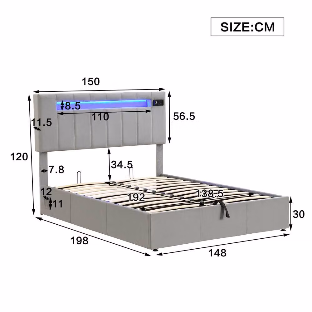 ModernLuxe Grey Velvet Double Ottoman Bed with LED Lights and USB Charging Port, W/D/H: 135 x 190 x 120 cm – 6