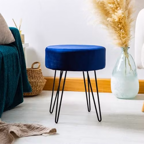 Harbour Housewares Pack of 2 Blue Velvet Cylindrical Footstools with Black Metal Legs – 2