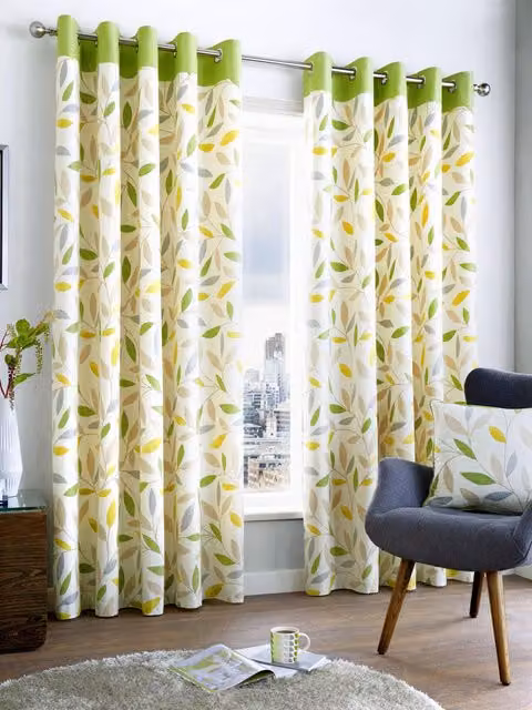Fusion Beechwood Leaf Floral Cotton Eyelet Curtains in Green, Width: 168 cm, Drop: 229 cm