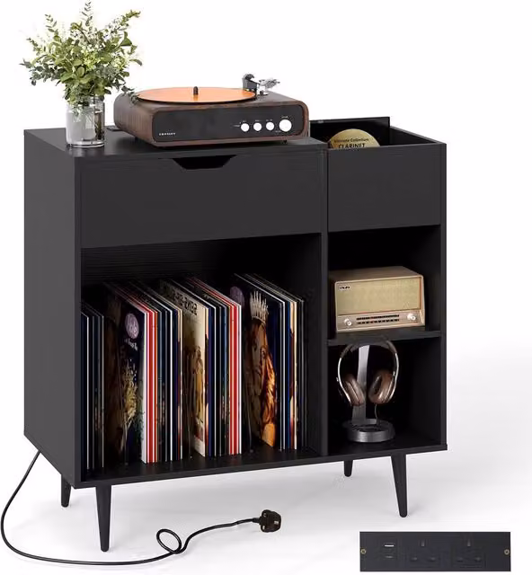 Gymax Industrial Turntable Record Player Stand and Vinyl Cabinet with Built-In Power Strip in Black – 1