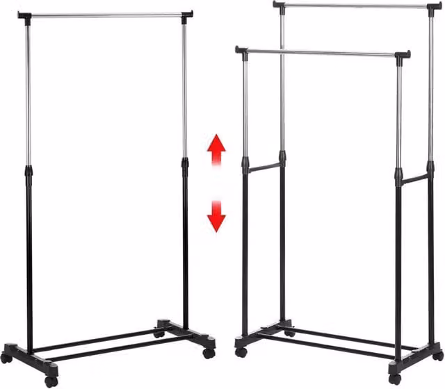 NESTLUNE Double Pole Adjustable Mobile Clothes Garment Hanging Rail Rack in Matt Black