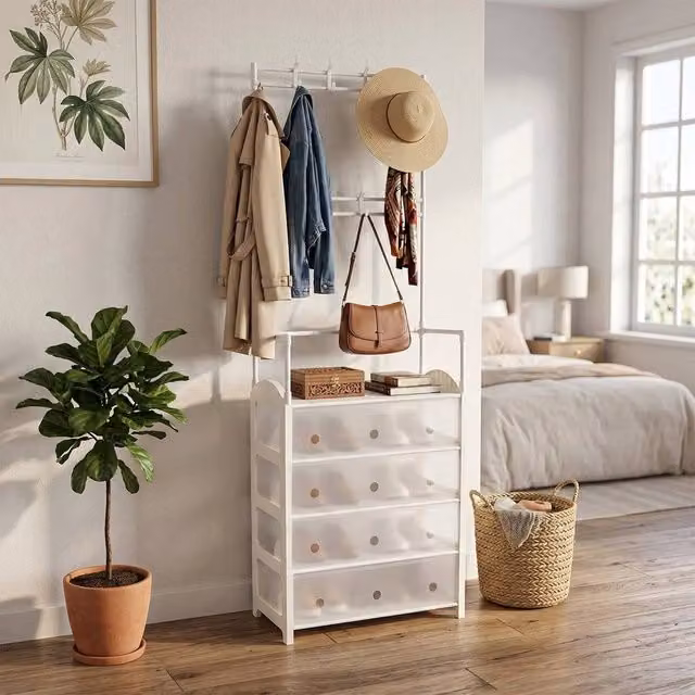 FORGEVIO White Coat and Hat Stand with 5 Dustproof Shelves, W/D/H: 60 x 31 x 175 cm