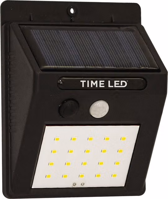 TIMELED 2W Solar LED Wall Light with Motion Sensor, Black Rectangular Floodlight, IP65 Waterproof for Garden