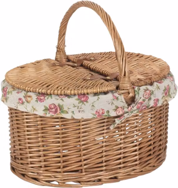Red Wicker Oval Picnic Basket with Cotton Lining and Lid