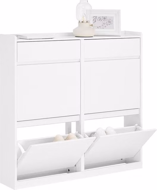 SoBuy Slim White Shoe Cabinet with 4 Tilting Compartments and 2 Internal Drawers