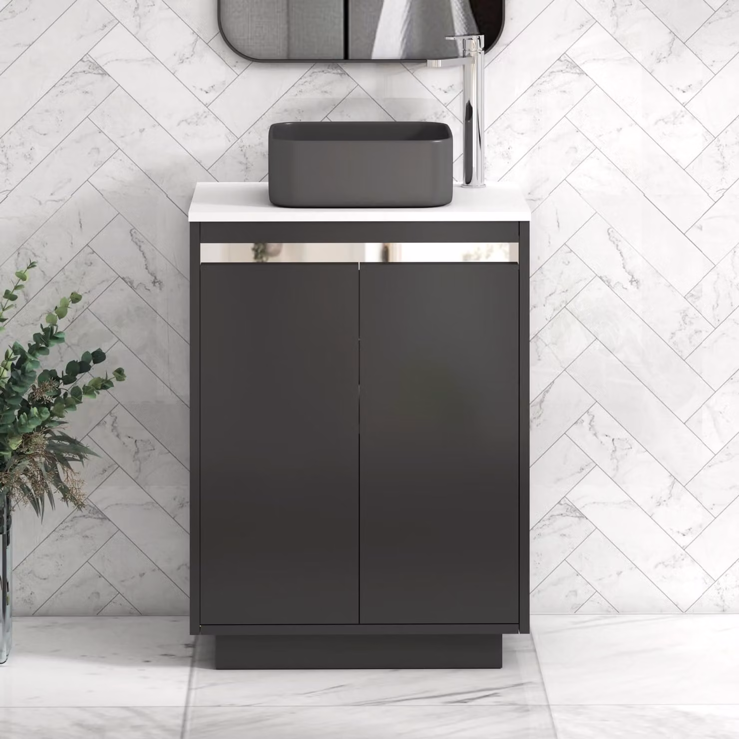 Royal Bathrooms Orion 600mm Matt Obsidian Black and Plain White Floor Standing 2 Door Vanity Unit with Art Square Basin and Chrome Accent Trim