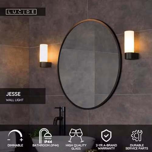 Lucide Jesse Dimmable Modern Glass and Metal Bathroom Wall Light, Black, IP44, G9 – 2