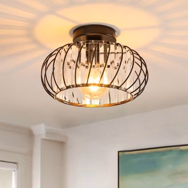 Pheashine Modern Black Crystal Cage Ceiling Light with E27 Socket – 1