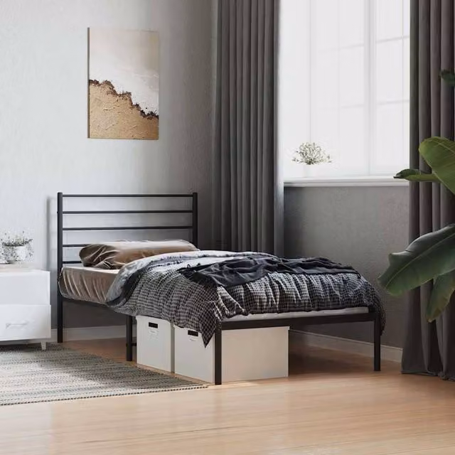 Berkfield Home Metal Single Bed Frame with Headboard in Black, W/D/H: 90 x 190 cm