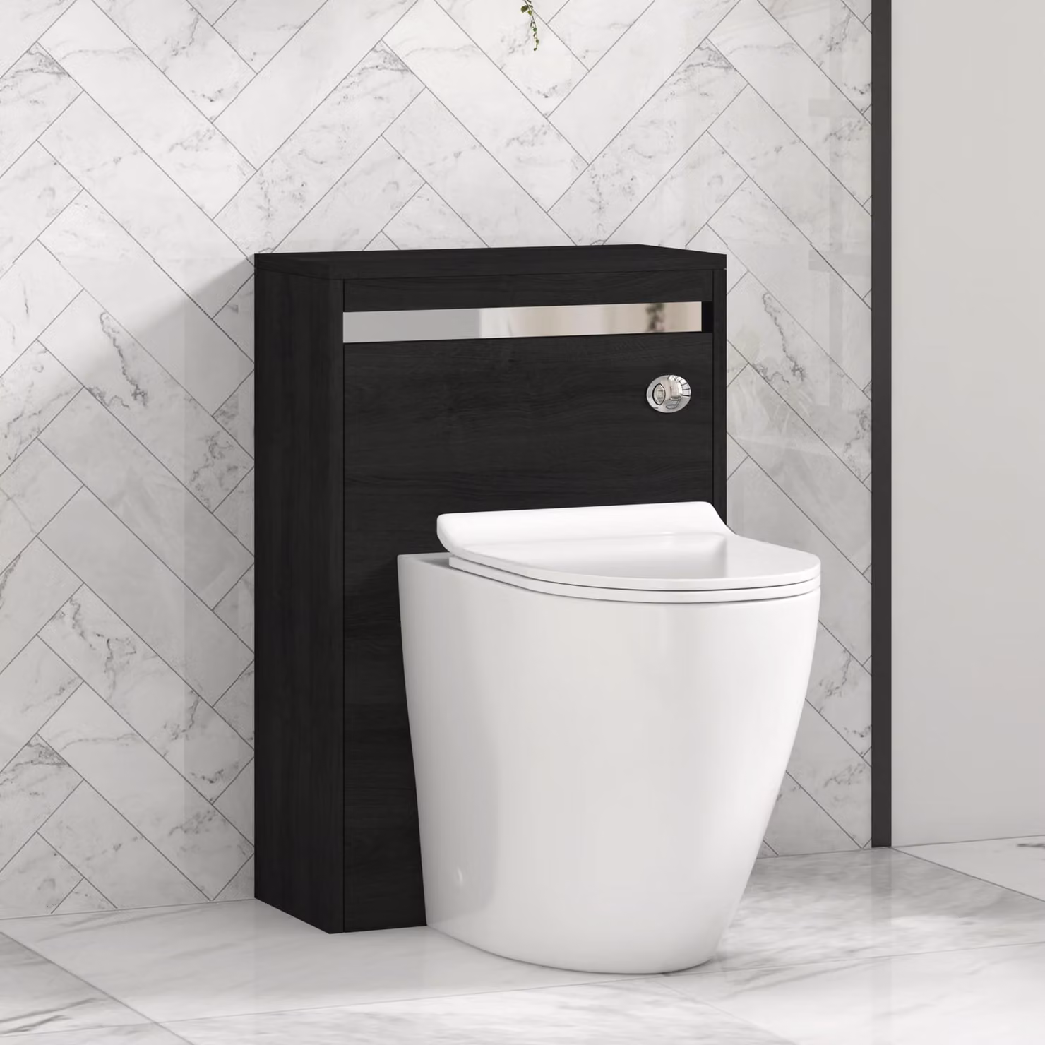 Royal Bathrooms Orion 540mm Hale Black and White Wall Mounted WC Unit with Elva Rimless Short Projection Toilet Pan, Slim Seat and Cistern with Chrome Accent Trim