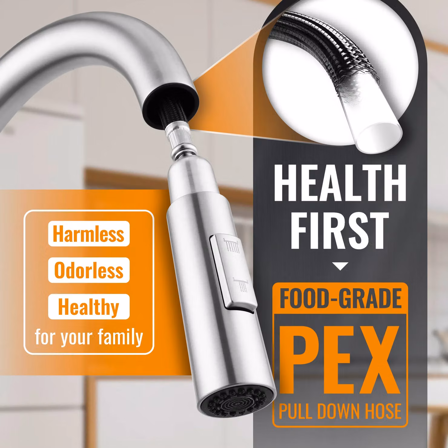 Appaso Stainless Steel Pull-Out Kitchen Faucet with 360 Degree Swivel Sprayer and High Pressure 2-Mode Single Lever Tap in Silver Brushed Steel – 4