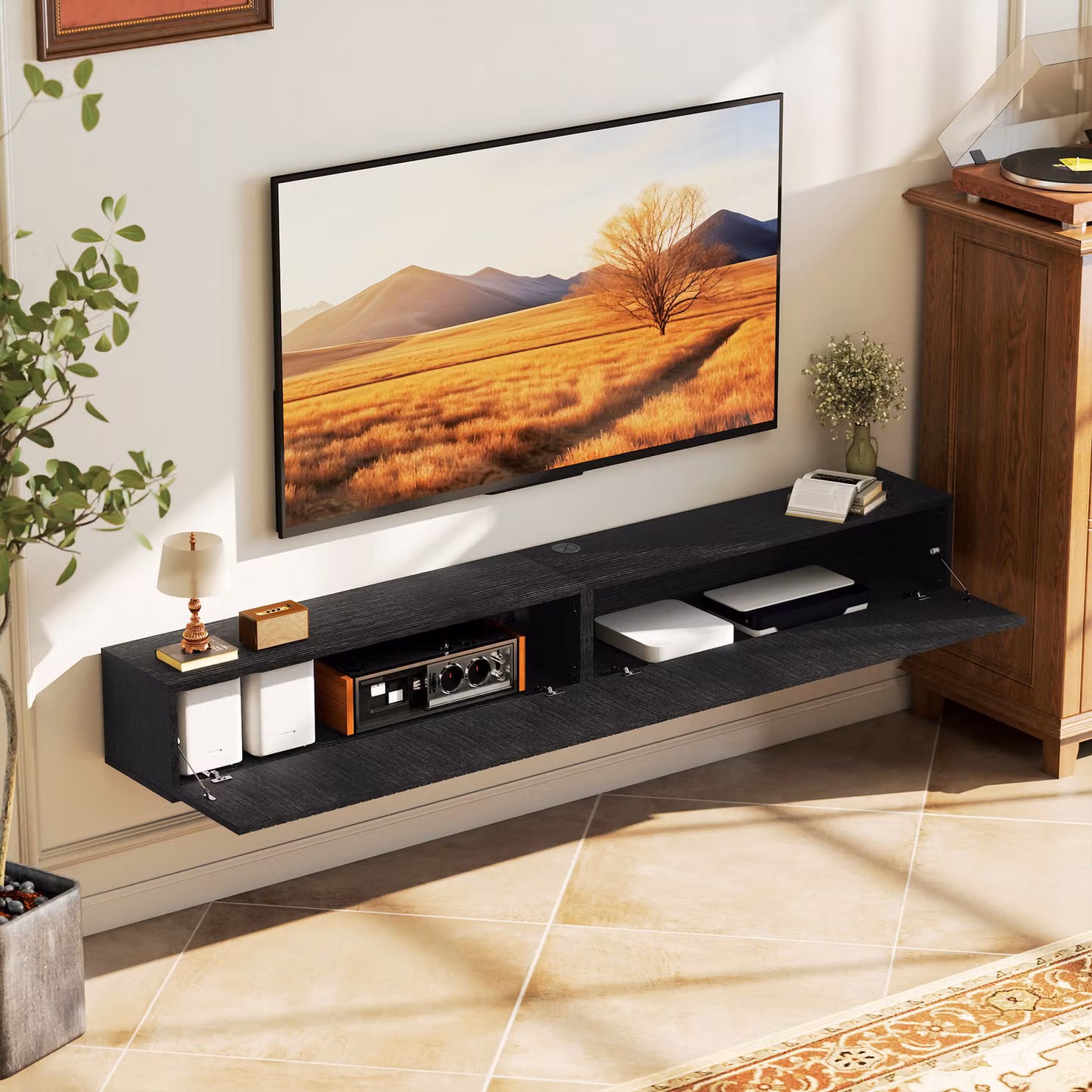 HOMCOM Modern Black Wall Mounted Floating TV Stand with Cable Management, Fits up to 72 inch TVs, Width: 180 cm – 7